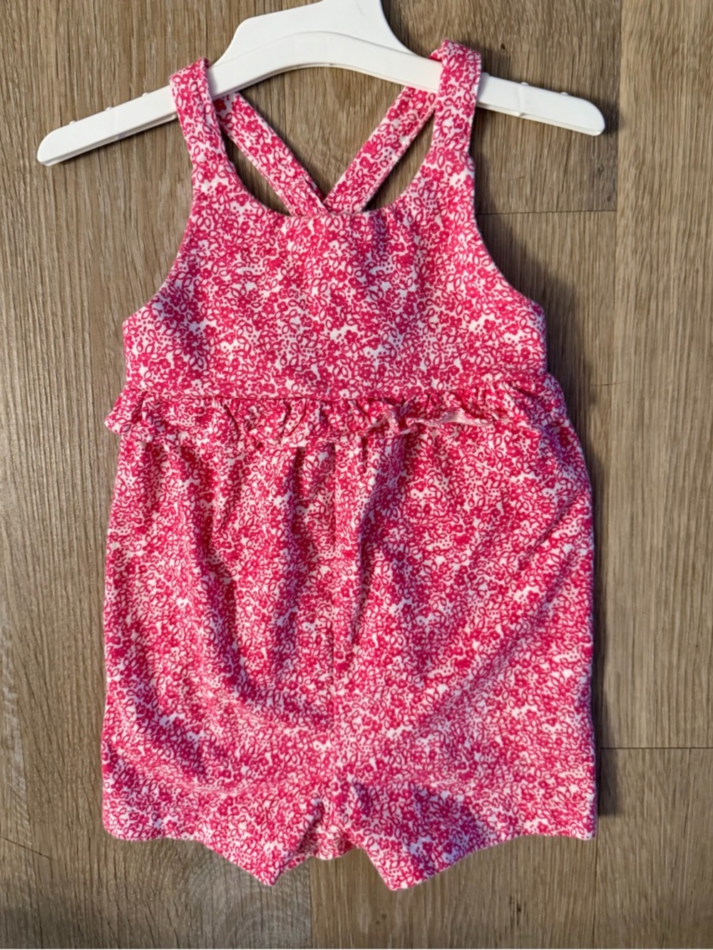 Carter's Girl's Size 9 Months Bright Pink Floral Romper With Ruffled Trim